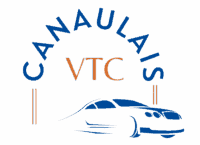 Logo CANAULAIS VTC avec voiture stylisée en bleu et orange sur fond noir, représentant un service de transport privé.