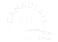 Logo blanc sur fond noir pour CANAULAIS VTC, stylisé avec un véhicule de transport moderne en bas.