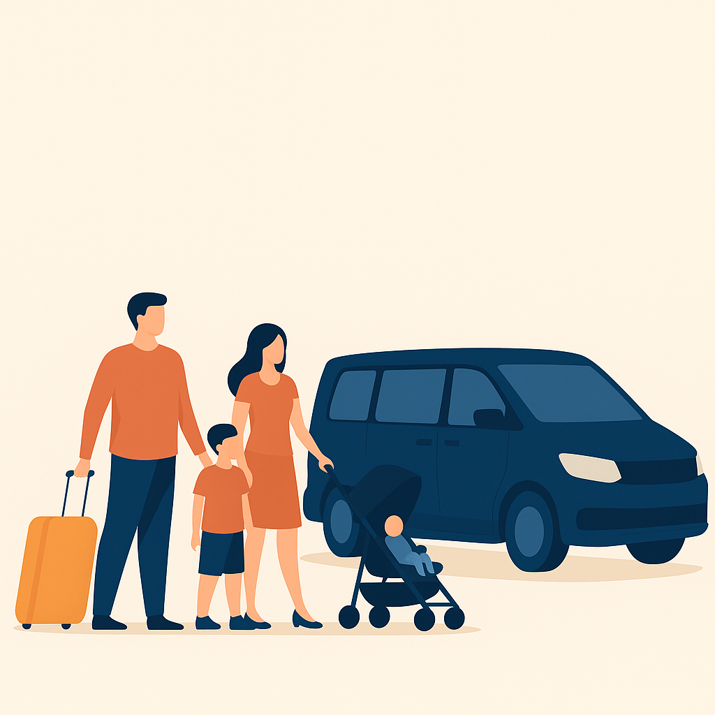 Illustration d’une famille avec valises et poussette devant un VTC spacieux à Lacanau.