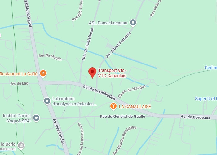 Transport VTC Canaulais : Carte et Itinéraire à Lacanau Carte Google Maps centrée sur Transport Vtc - VTC Canaulais, près de Av. de la Libération, Restaurant La Gaîté et ASL Danse Lacanau.